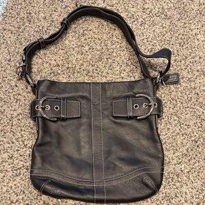 Coach Black Leather Shoulder Bag with Buckle Accents